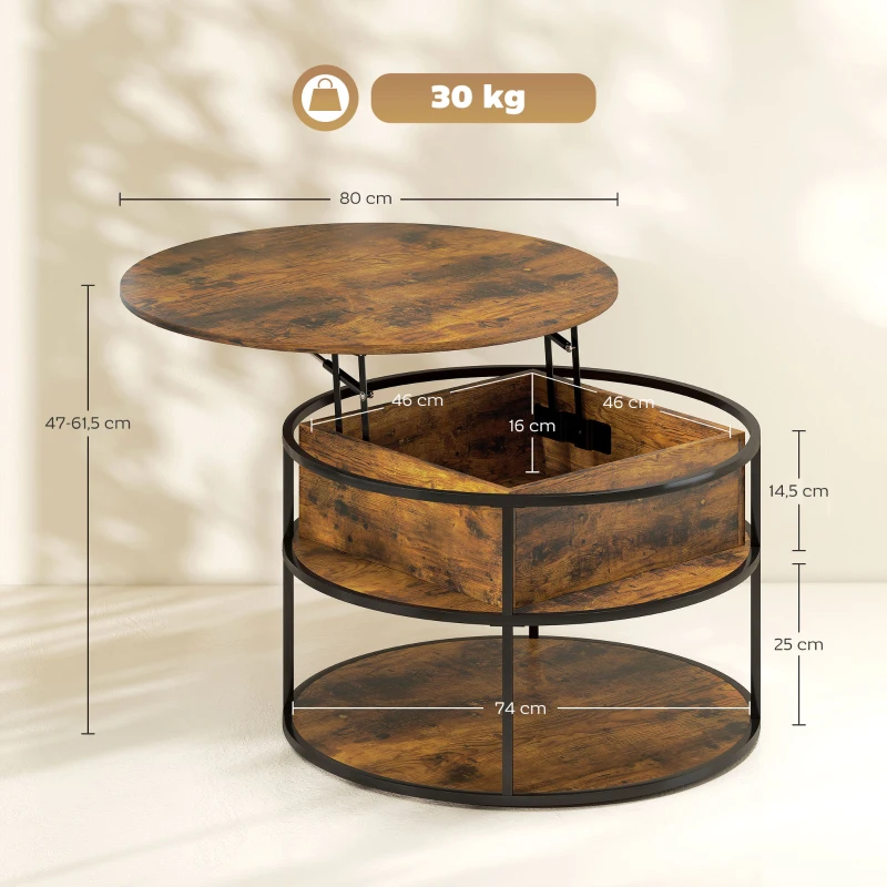 HOMCOM Ronde Koffietafel met Ophefbaar Tafelblad, Opbergruimte, Zijvakken, Stalen Frame, Salontafel, Bruin(m-3)