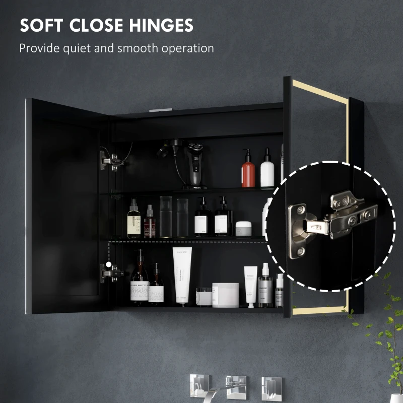 HOMCOM Szafka łazienkowa z lustrem, oświetleniem LED, gniazdem, funkcją przeciwmgielną, 3 temperatury barw, 600 x 800 mm, czarna