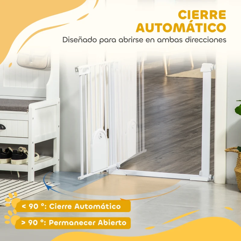 PawHut Barrera de Seguridad para Perros Mascotas 75-103 cm para Escaleras y Puertas con 2 Extensiones Cierre Automático y Sistema de Doble Bloqueo Blanco