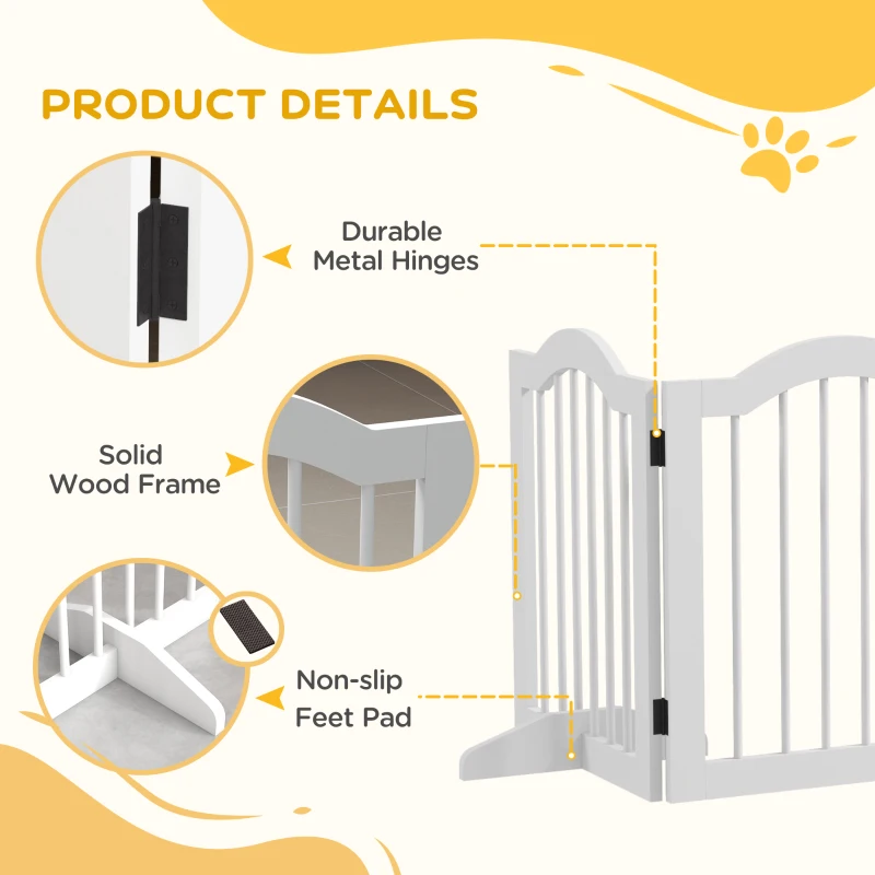 PawHut Bramka dla psów, 5 paneli, składana, elastyczna, Drewno lite/MDF, 254,5x29,5x61 cm, Biała