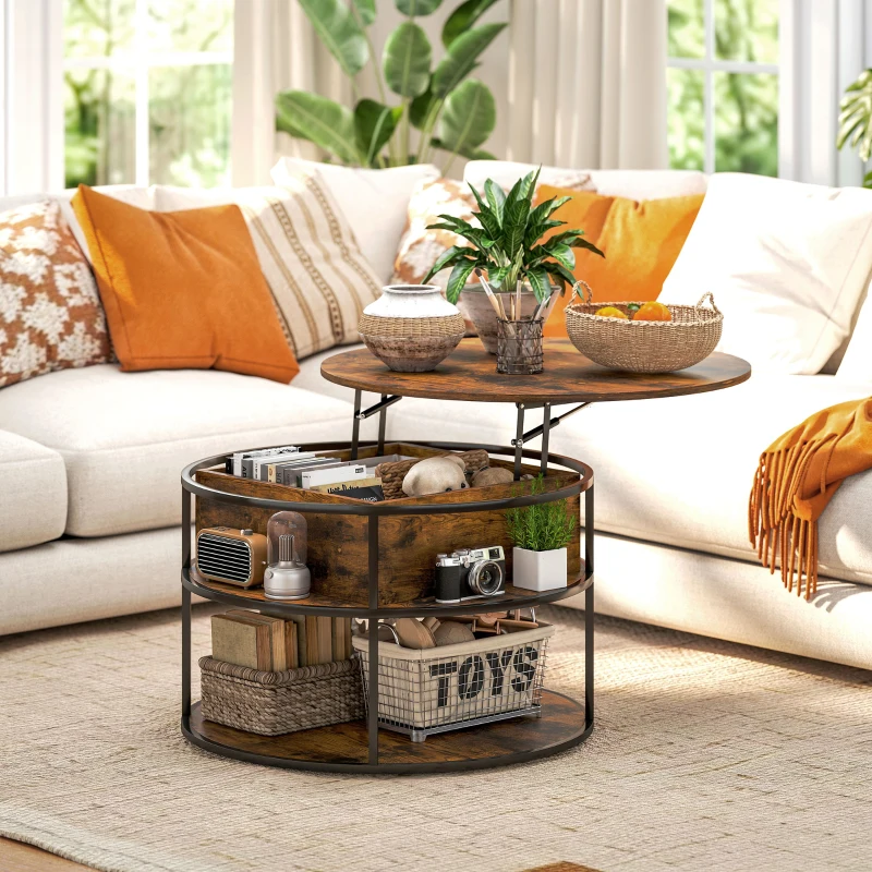 HOMCOM Ronde Koffietafel met Ophefbaar Tafelblad, Opbergruimte, Zijvakken, Stalen Frame, Salontafel, Bruin(m-9)