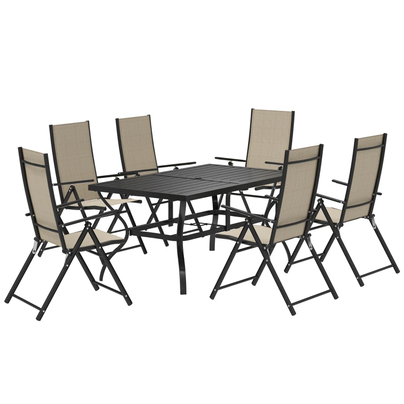 Outsunny Seven-Piece Steel Outdoor Dining Set, with Parasol Hole - Khaki
