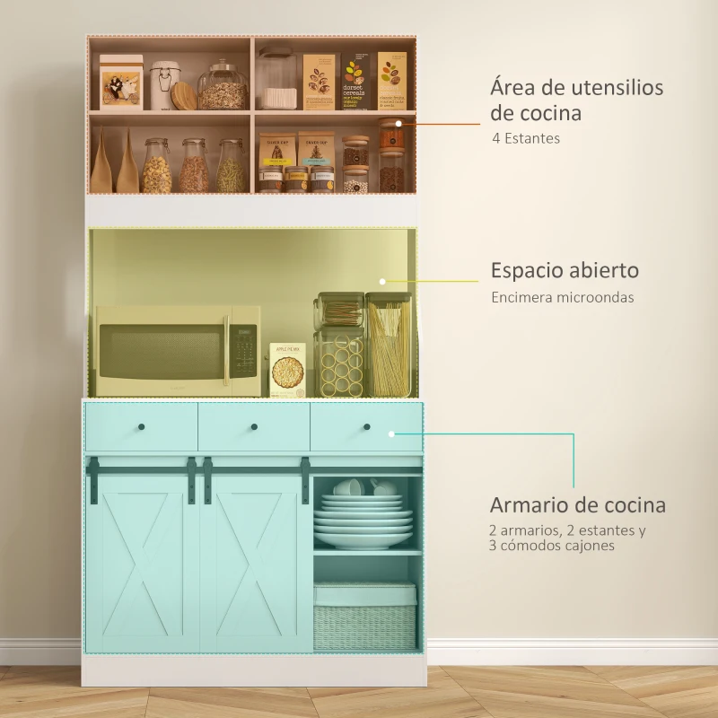 HOMCOM Alacena de Cocina con 2 Puertas Corredizas 3 Cajones Encimera para Microondas y Estantes Ajustables Blanco 93,5x40x180cm