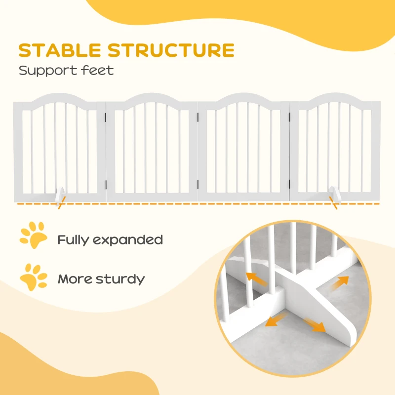PawHut Składana bramka zabezpieczająca dla psów, 4 panele, dla schodów, korytarzy, drzwi, MDF/Drewno lite, Biała