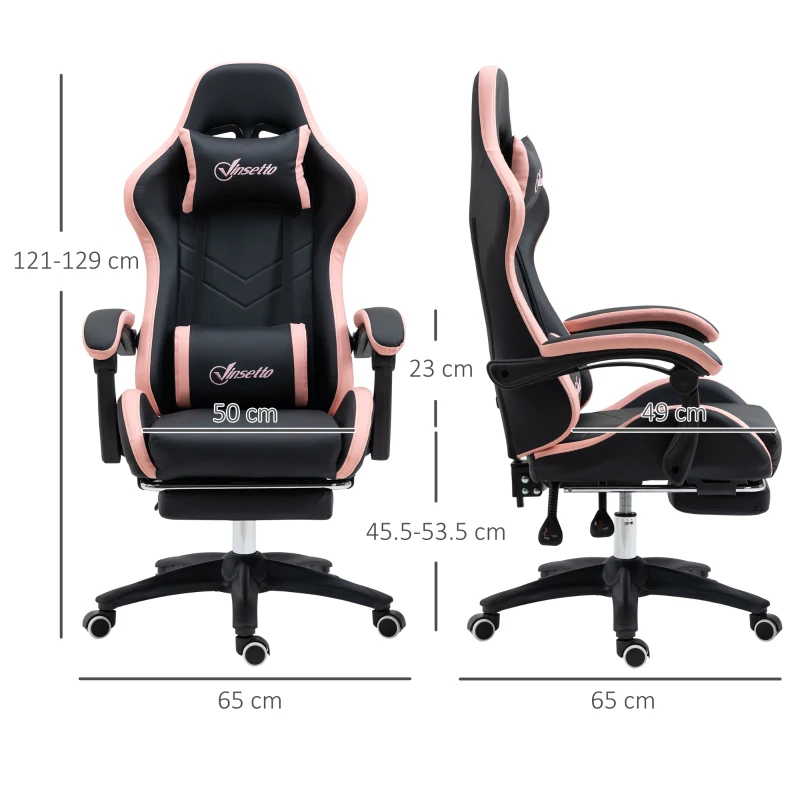 Vinsetto Computer Gaming Chair, PU Leather Desk Chair with Footrest, Swivel Task Chair with 135° Reclining Back and Lumbar Support, PC Chair for Adults, Black and Pink
