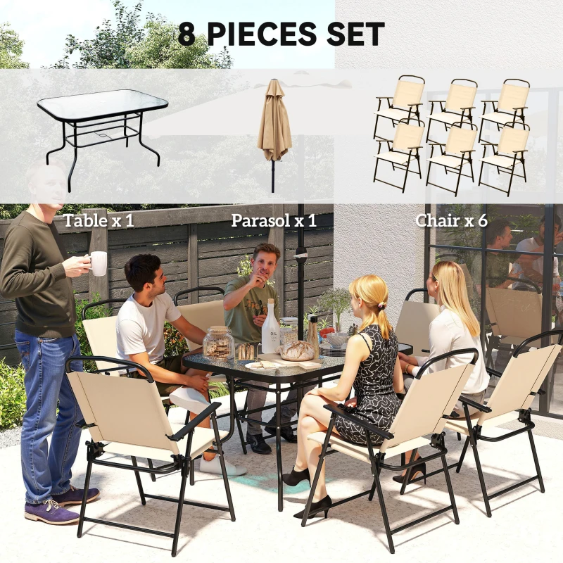 Outsunny 8 Pieces Garden Dining Set with Umbrella, Patio Sets with Parasol with 6 Foldable Chairs, Glass Top Table, and Sun Parasol, Beige