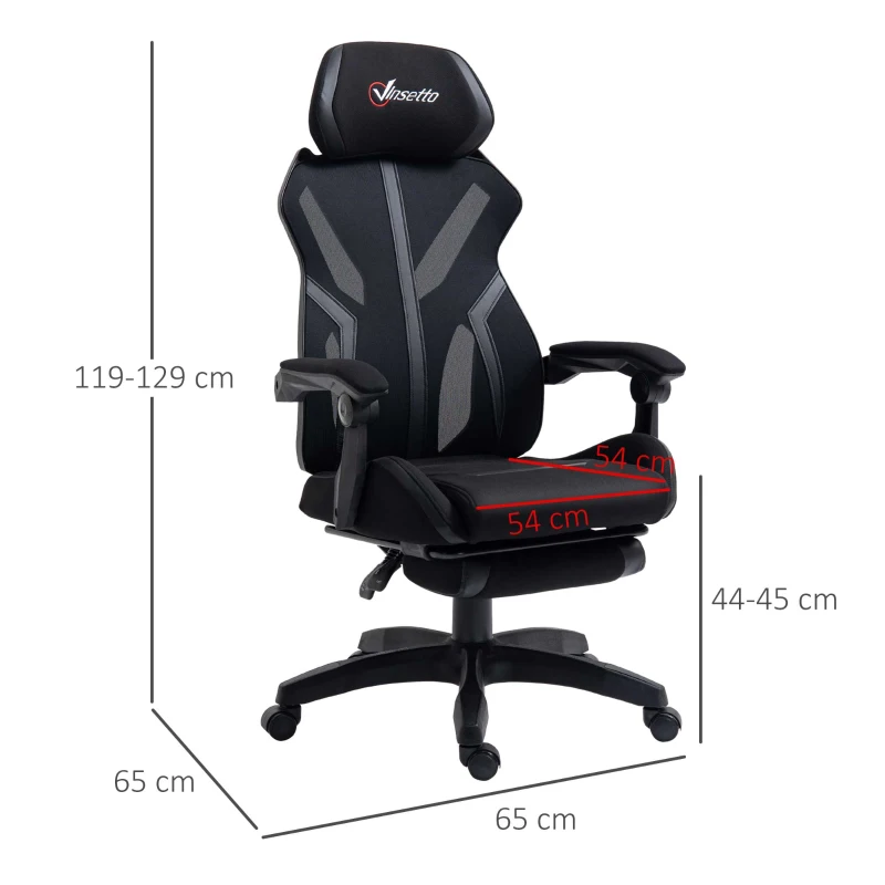 Vinsetto Silla Gaming con Reposapiés Retráctil Silla de Oficina Giratoria Reclinable con Reposacabezas y Altura Ajustable 65x65x119-129 cm Negro