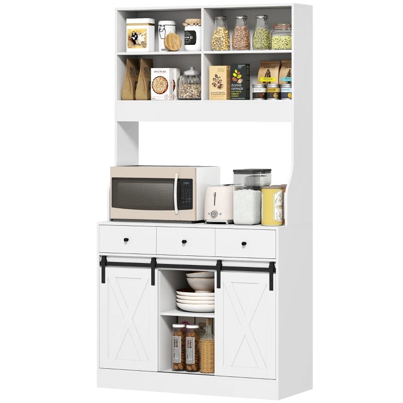 HOMCOM Armário de Cozinha com 2 Portas Corrediças 3 Gavetas Bancada para Micro-Ondas e Prateleiras Ajustáveis 93,5x40x180 cm Branco