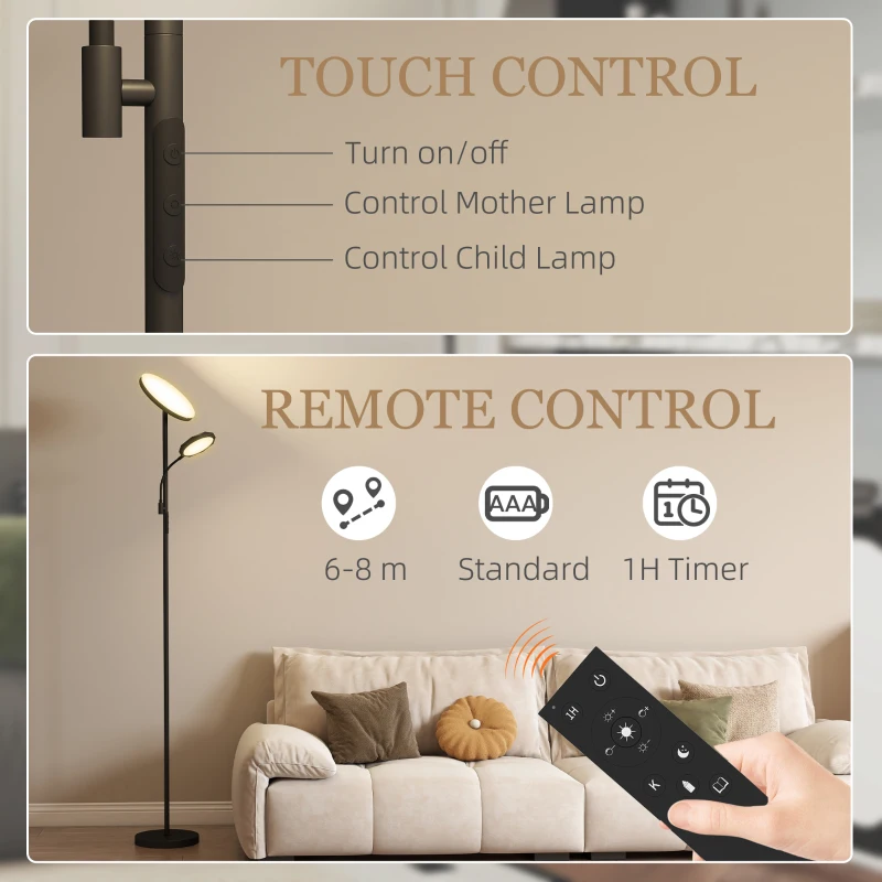 HOMCOM LED Floor Lamp for Living Room, Stepless Dimmable Standing Lamp, Mother and Child Uplighter with Reading Light, 4 Scene Modes, 2700K-6500K Colour Temps, 4 Brightness Levels, Remote Control