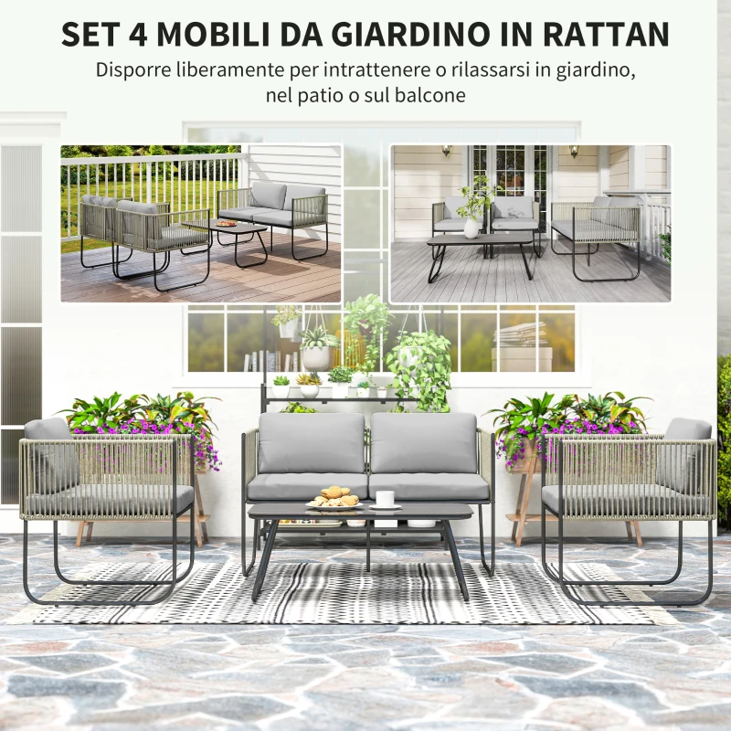 Outsunny Set da Giardino Rattan con Divanetto 2 Posti, 2 Poltrone e Tavolino in Vetro, Cuscini Sfoderabili, Grigio