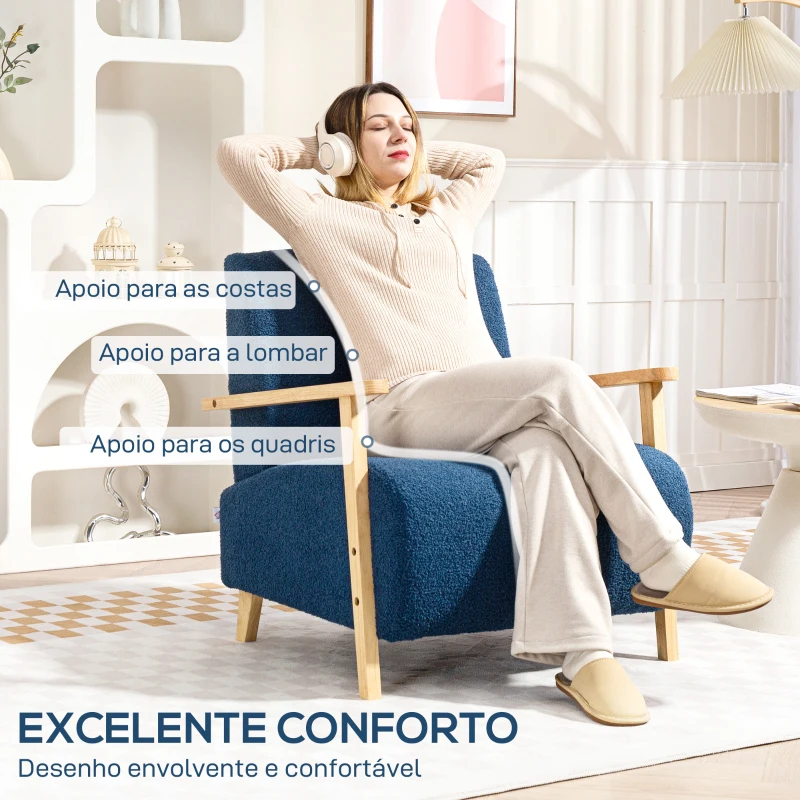 HOMCOM Poltrona Nórdica Poltrona Sala de Estar Estofada em Borrego com Apoio para os Braços de Madeira  74,5x76x78 cm Azul