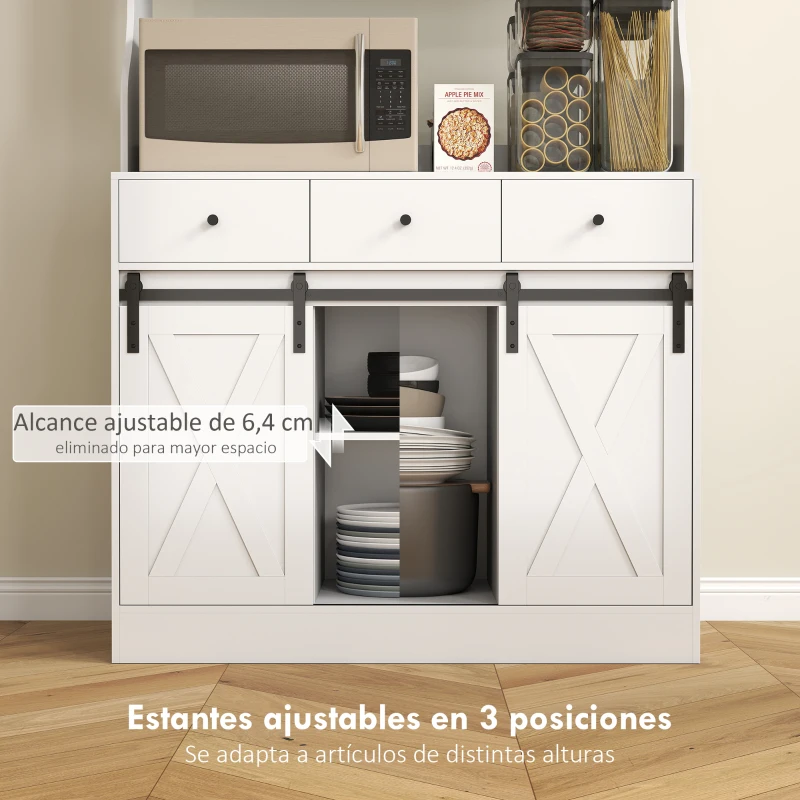HOMCOM Alacena de Cocina con 2 Puertas Corredizas 3 Cajones Encimera para Microondas y Estantes Ajustables Blanco 93,5x40x180cm
