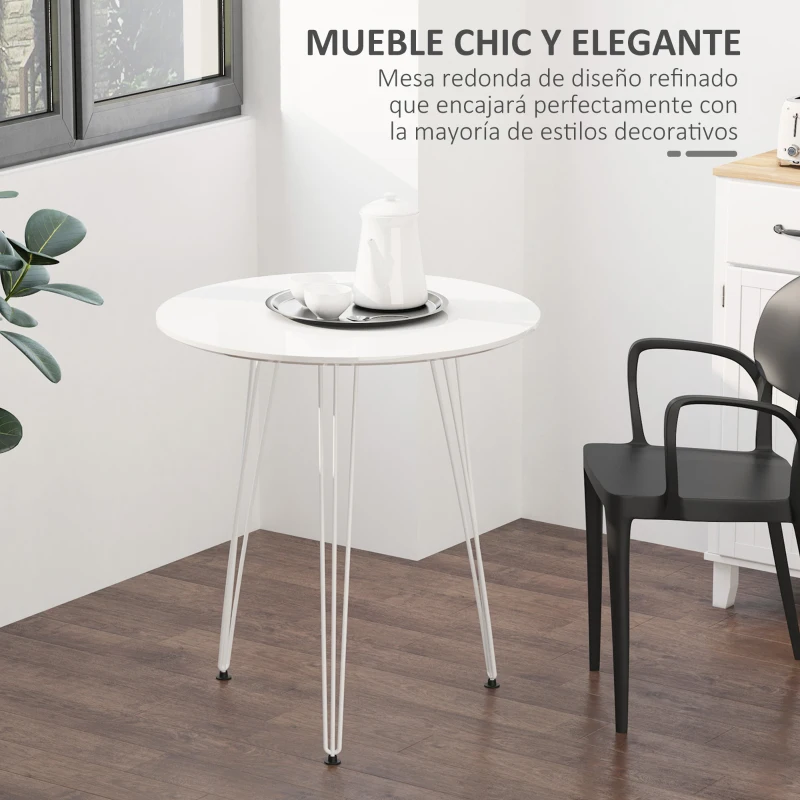 HOMCOM Mesa de Comedor Redonda con Patas de Horquilla Metálicas Estilo Moderno Nórdico para Cocina Salón Cafetería Bar Ø70x75 cm Blanco