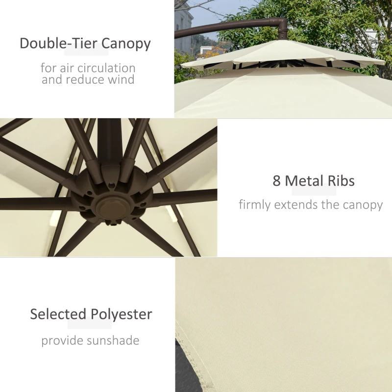 Outsunny 2.7m Garden Banana Parasol Cantilever Umbrella with Crank Handle, Double Tier Canopy and Cross Base for Outdoor, Hanging Sun Shade, Beige