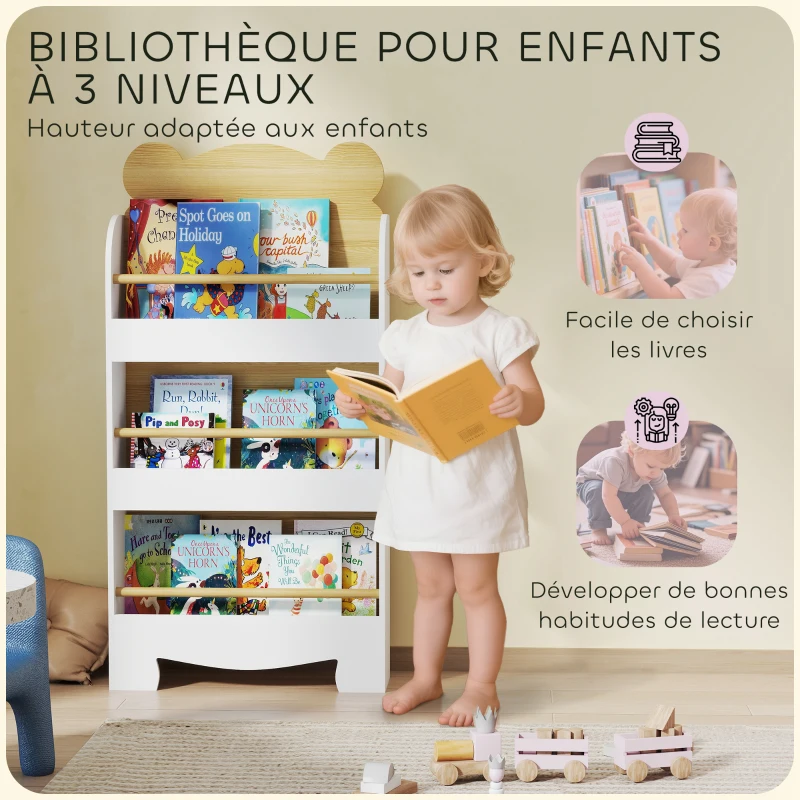 AIYAPLAY Bibliothèque pour enfant, rangement livre enfant 3 niveaux pour salle de jeux, chambre d'enfant, bois naturel