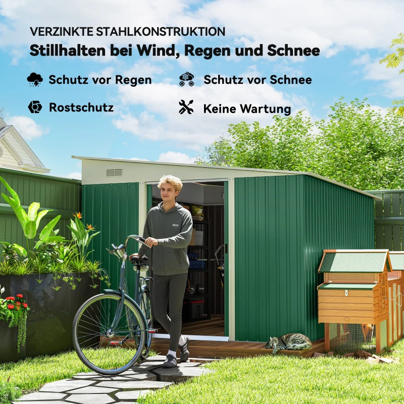 Outsunny Metall-Geräteschuppen Schrägdach verriegelbare Doppeltür 2,8 x 3,45 x 2,01m Grün(m-4)