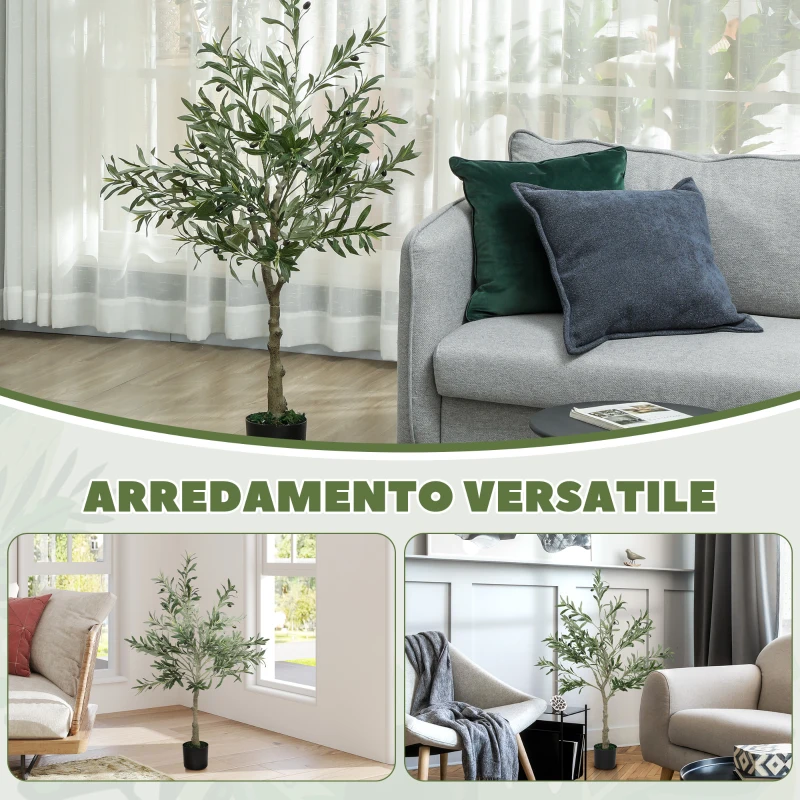 HOMCOM Pianta Artificiale di Olivo Alta 120 cm, Albero Finto con 450 Foglie e 20 Olive, Vaso Incluso