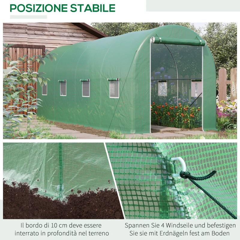 Outsunny Serra a Tunnel da Giardino 5x2x2 m con 8 Finestre e Porta Avvolgibile, Verde