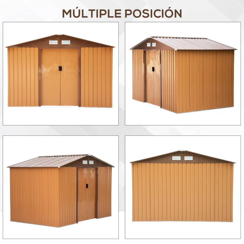 Outsunny Abrigo de Jardim Exterior 4,83m² 277x195x192cm Abrigo e Jardim Metálico para Armazenamento de Ferramentas com Base Incluída e 4 Janelas Marrom