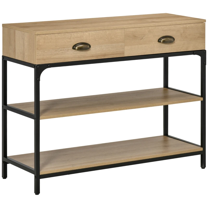HOMCOM Mesa de Entrada con 2 Cajones y 2 Estantes de Almacenamiento Marco de Acero 100x35x79,2 cm Roble