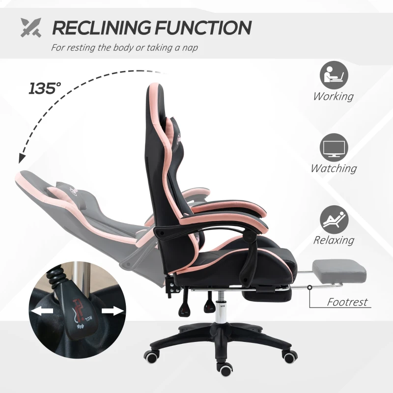 Vinsetto Computer Gaming Chair, PU Leather Desk Chair with Footrest, Swivel Task Chair with 135° Reclining Back and Lumbar Support, PC Chair for Adults, Black and Pink