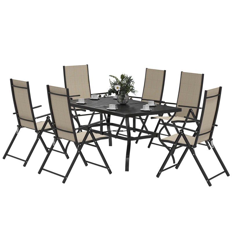 Outsunny Seven-Piece Steel Outdoor Dining Set, with Parasol Hole - Khaki