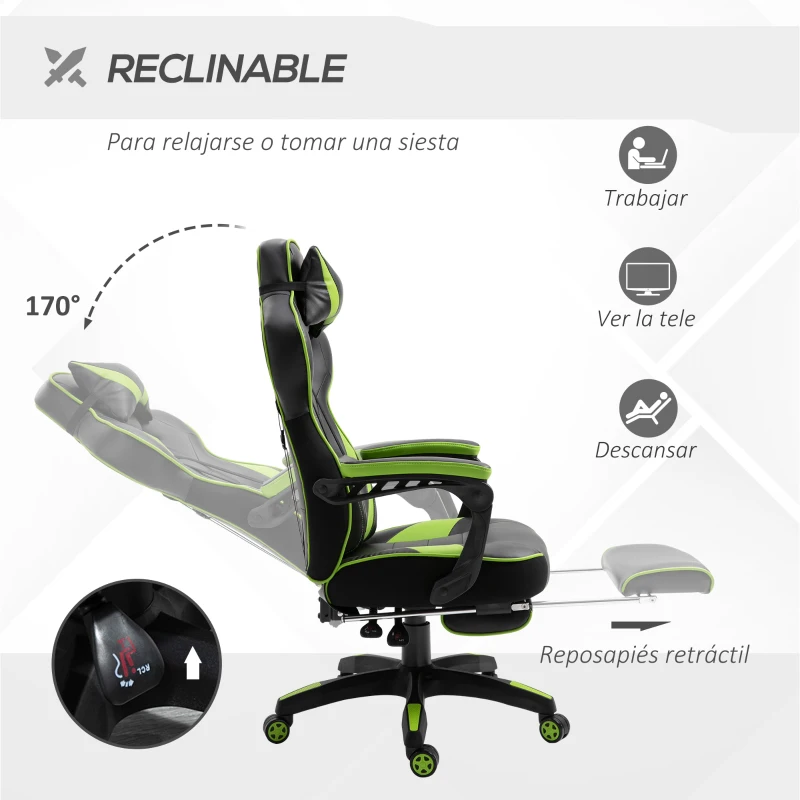 Vinsetto Silla Gaming Ergonómica Silla de Escritorio de Oficina Regulable en Altura Reclinable Respaldo con Reposapiés Reposacabezas Cojín Lumbar Ruedas 65x70x118,5-128,5 cm Verde