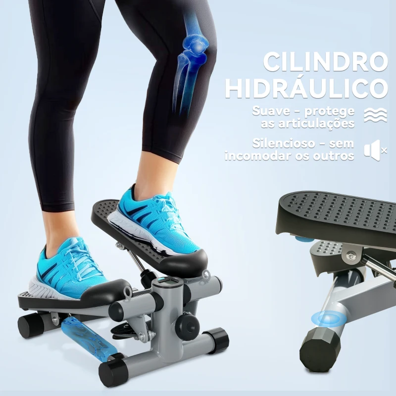 SPORTNOW Mini Step Máquina de Step Compacta com Bandas de Resistência Monitor LCD Pedais Antiderrapantes e Ajustáveis em Altura 41x30,5x18,5 cm Cinza