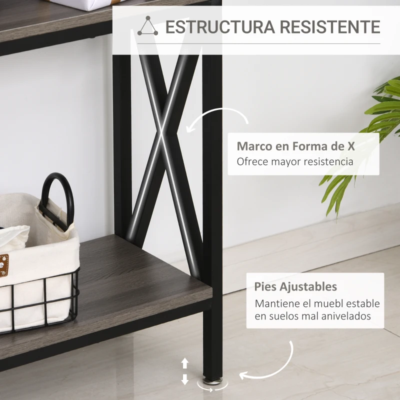 HOMCOM Mesa Consola Estilo Industrial Vintage con 3 Estantes y Marco Metálico para Entrada Pasillo 120x23,5x75 cm Gris y Negro