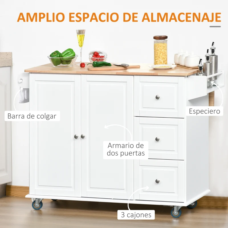 HOMCOM Isla de Cocina con Ruedas Carrito de Servicio con Encimera Extensible Cajones Barra y Especiero 128,8x75,5x92,5 cm Blanco
