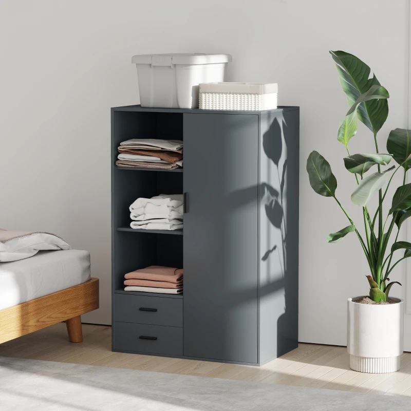 HOMCOM Armadio Moderno con 2 Cassetti, Ripiani Aperti e Vano Appendiabiti, 80x50x124 cm, Grigio Scuro
