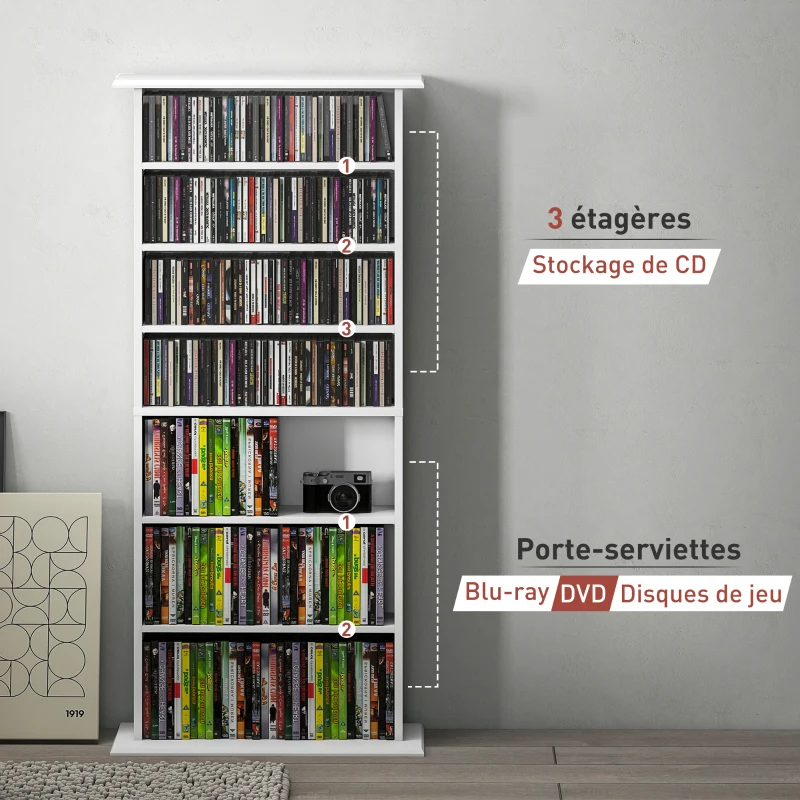 HOMCOM Rangements pour CD et DVD avec 8 compartiments et 6 étagères réglables, capacité max. 360 CD/185 DVD et Blu-ray, blanc(m-8)