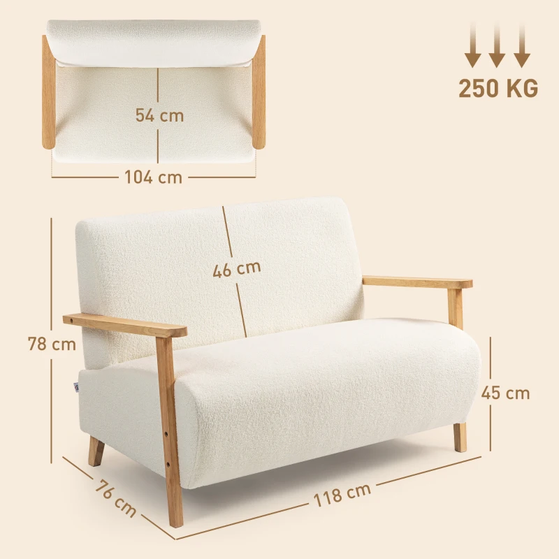 HOMCOM Sofá de 2 Lugares Estofado em Borreguito com Acolchoado Espesso Apoios de Braço e Pés de Madeira 118x76x78 cm Creme