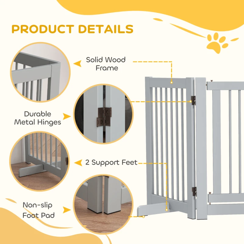 PawHut Wolnostojąca Bramka dla Psa, 4 Panele, Elastyczna, Drewno Sosnowe, 204Dł x 36S x 75W cm, Jasnoszary