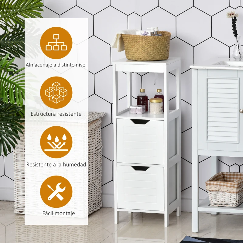 kleankin Armario de Baño Gabinete Multifuncional con Estante Abierto 2 Cajones de Almacenaje Diseño Antivuelco 30x30x89 cm Blanco