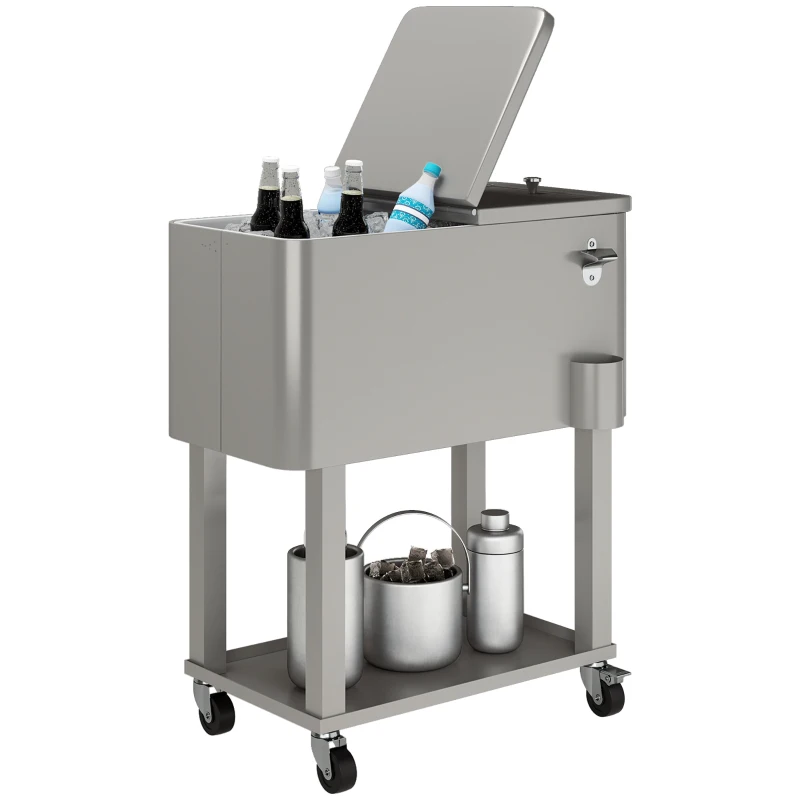 Outsunny Carrinho Refrigerador de Bebidas de 56L com Rodas Abridor de Garrafas e Prateleira para Pátio Festas 67x35x80 cm Cinzento Claro