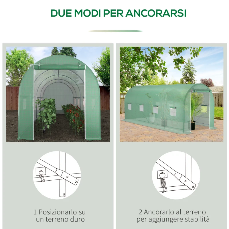 Outsunny Serra a Tunnel da Giardino 5x2x2 m con 8 Finestre e Porta Avvolgibile, Verde