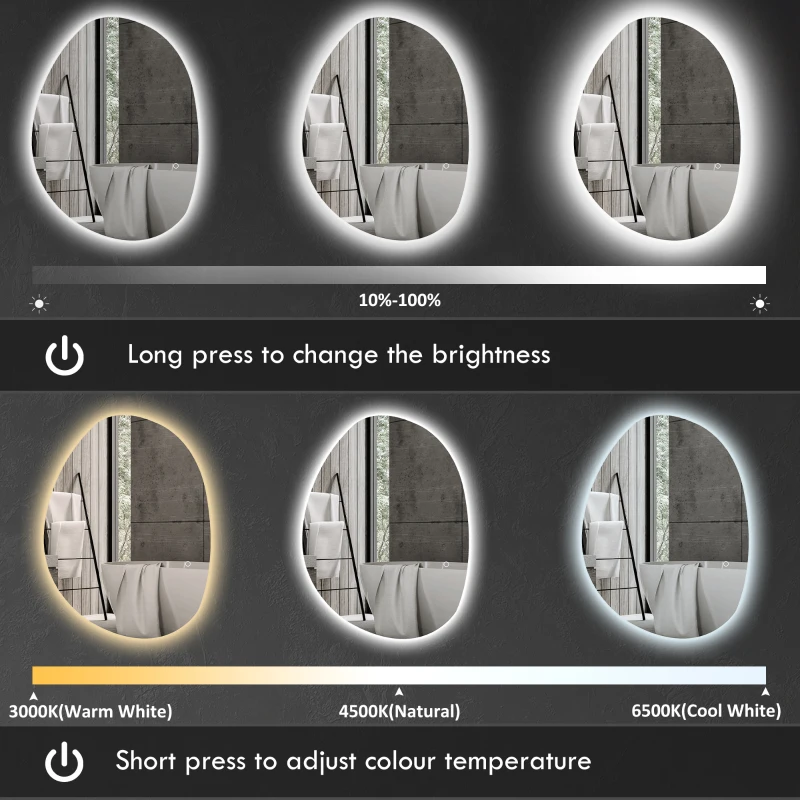 HOMCOM Asymetryczne lustro łazienkowe 70 x 50 cm z oświetleniem LED, dotykowym przełącznikiem, funkcją przeciw zaparowani i srebrnym wykończeniem
