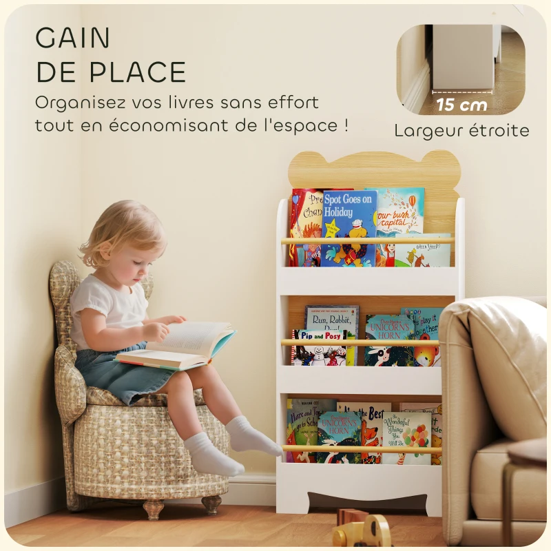 AIYAPLAY Bibliothèque pour enfant, rangement livre enfant 3 niveaux pour salle de jeux, chambre d'enfant, bois naturel