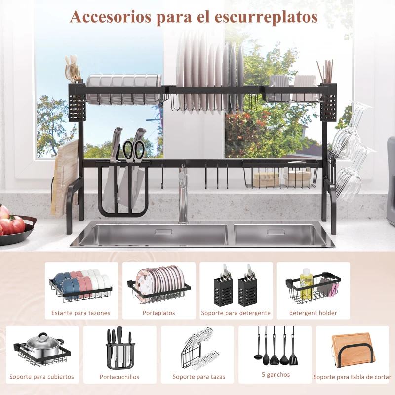 HOMCOM Escurreplatos de Acero de 2 Niveles para Fregadero con Soporte de Tabla de Corte y Cubiertos 100x30x52,5 cm Negro