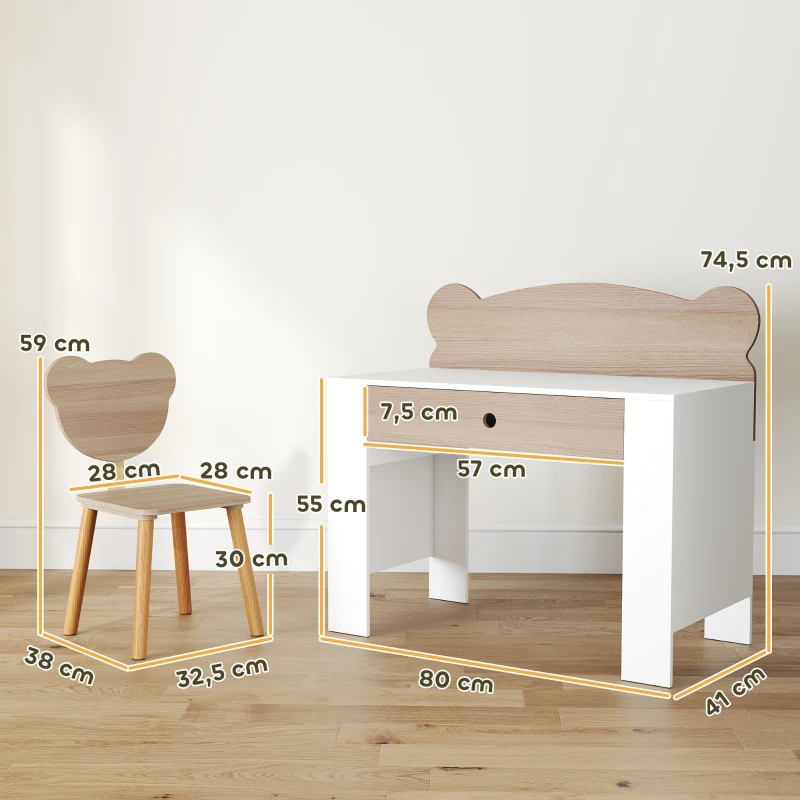 AIYAPLAY Secretária para Crianças com Cadeira em Forma de Ursinho Secretária Infantil com Gaveta para Estudar Ler e Desenhar Branco e Madeira