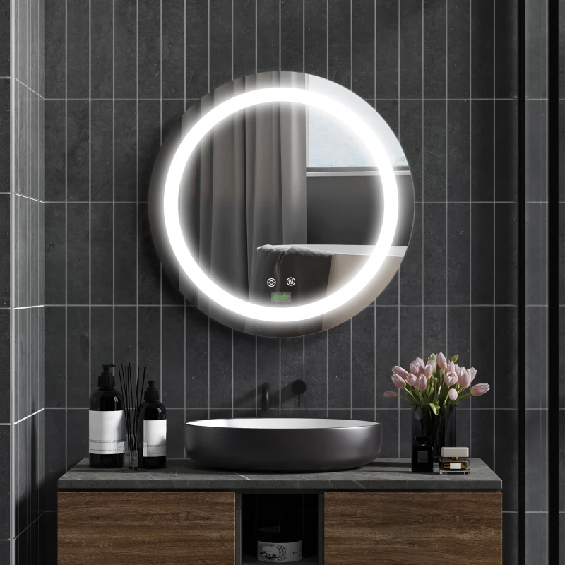 kleankin Espejo de Baño con Luz LED Táctil Función de Memoria Brillo y Color Ajustable y Antivaho Ø50x4,6 cm Plata