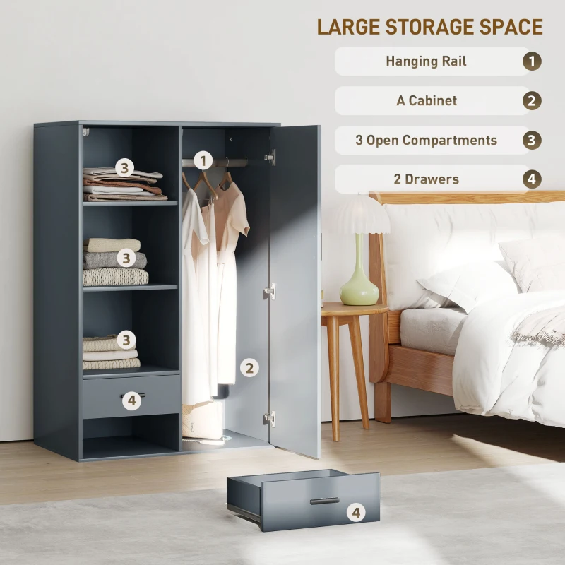 HOMCOM Armadio Moderno con 2 Cassetti, Ripiani Aperti e Vano Appendiabiti, 80x50x124 cm, Grigio Scuro