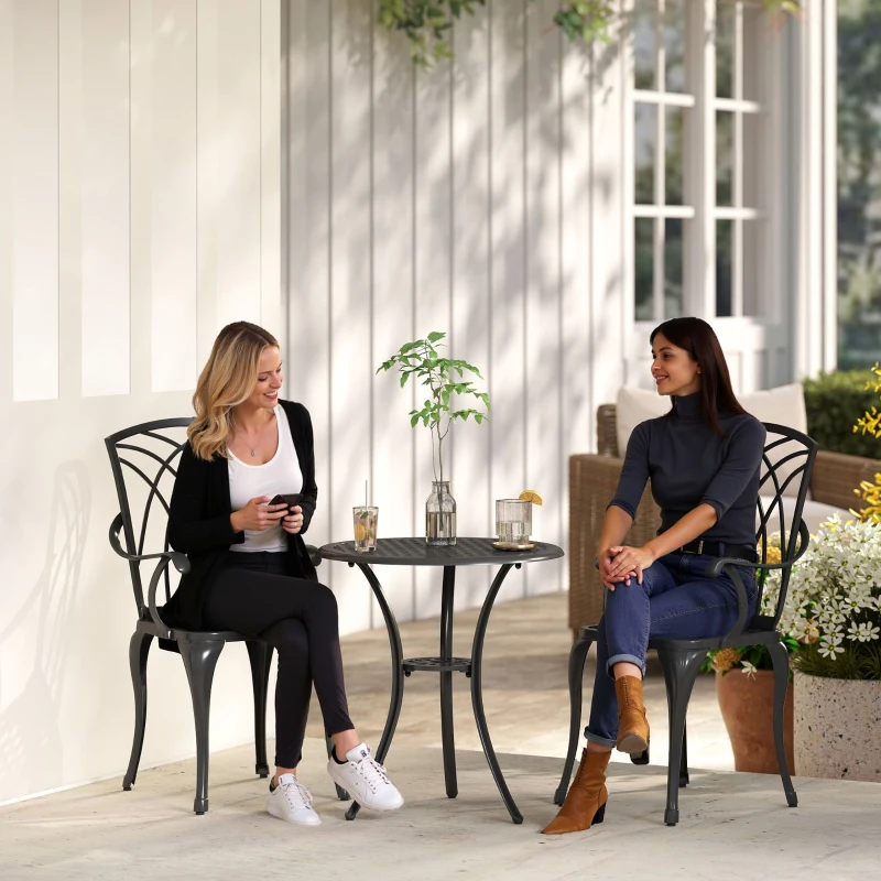 Outsunny 3 Pieces Garden Dining Set for 2, Cast Aluminium Outdoor Dining Set with 2 Armchairs and Round Dining Table with Parasol Hole, Garden Furniture Set, Brown