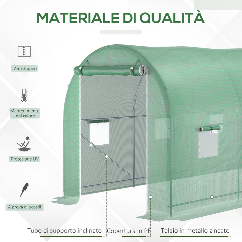 Outsunny Serra a Tunnel da Giardino 5x2x2 m con 8 Finestre e Porta Avvolgibile, Verde