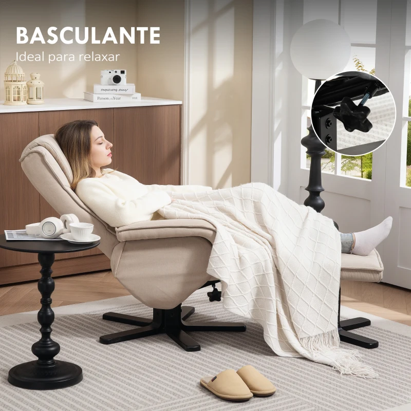 HOMCOM Poltrona Relax Reclinável com Apoio para os Pés Poltrona Giratória Estofada em Linho e Função Baloiço 67x87x96 cm Bege