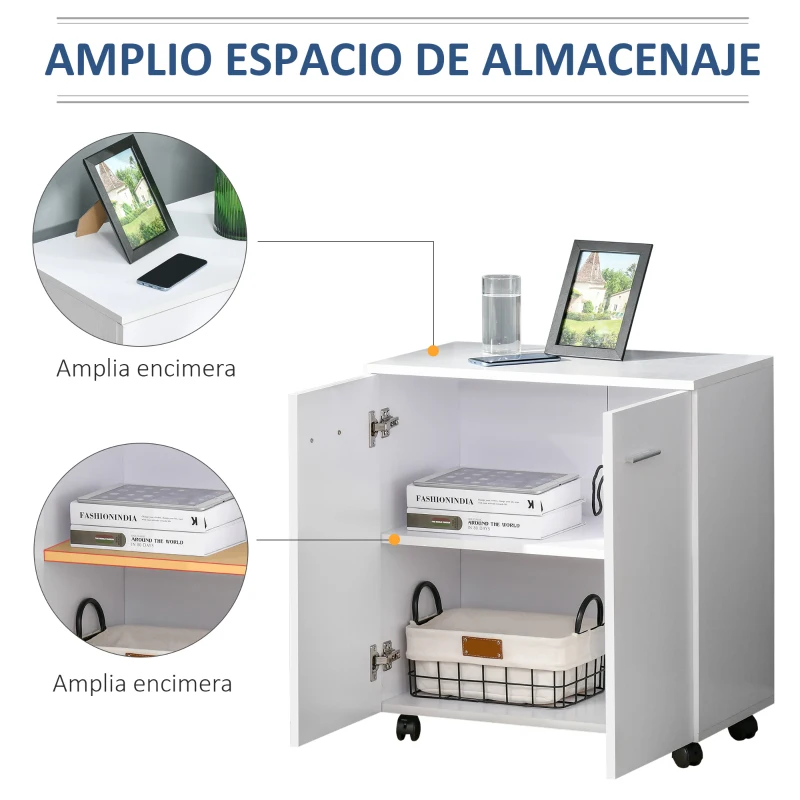 HOMCOM Mesa Armario Movil Mueble TV de Madera Con Ruedas y 2 Puertas Consola Cajonera 60x35x65cm
