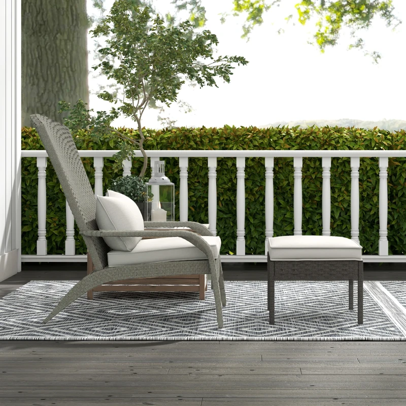 Outsunny Sedia da Giardino con Poggiapiedi e Cuscini Imbottiti, in Rattan e Acciaio, 64x82x89 cm, Grigio e Crema