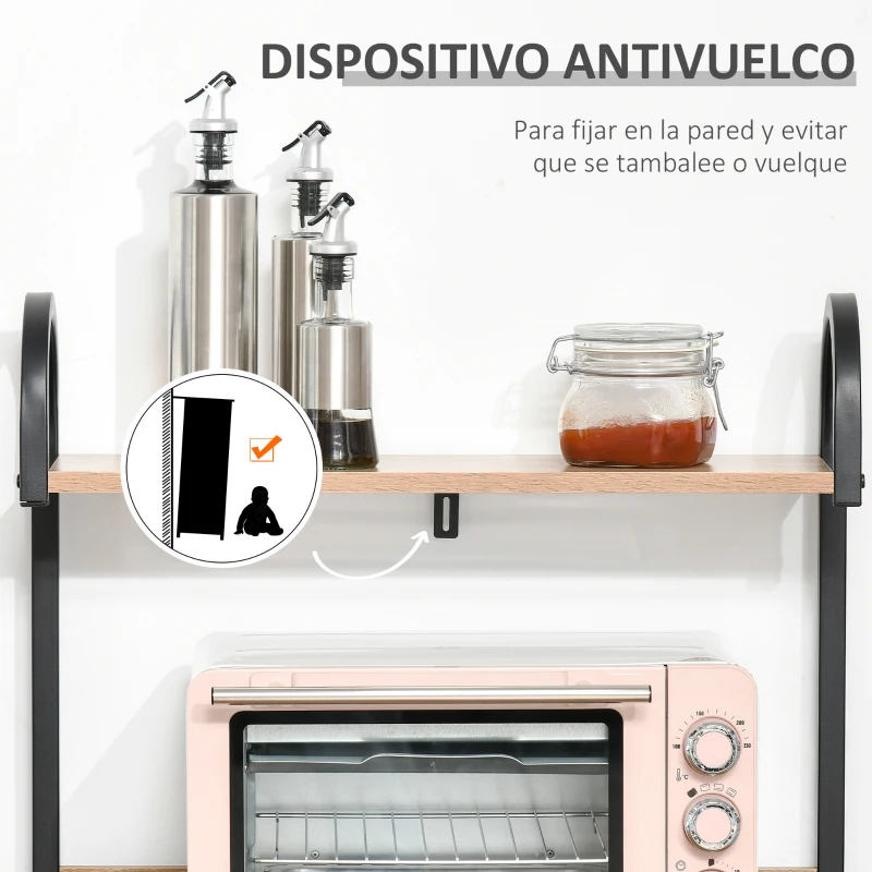 HOMCOM Estantería de Cocina de 4 Niveles con Ganchos Estantería para Microondas 60x40x125 cm Madera Natural