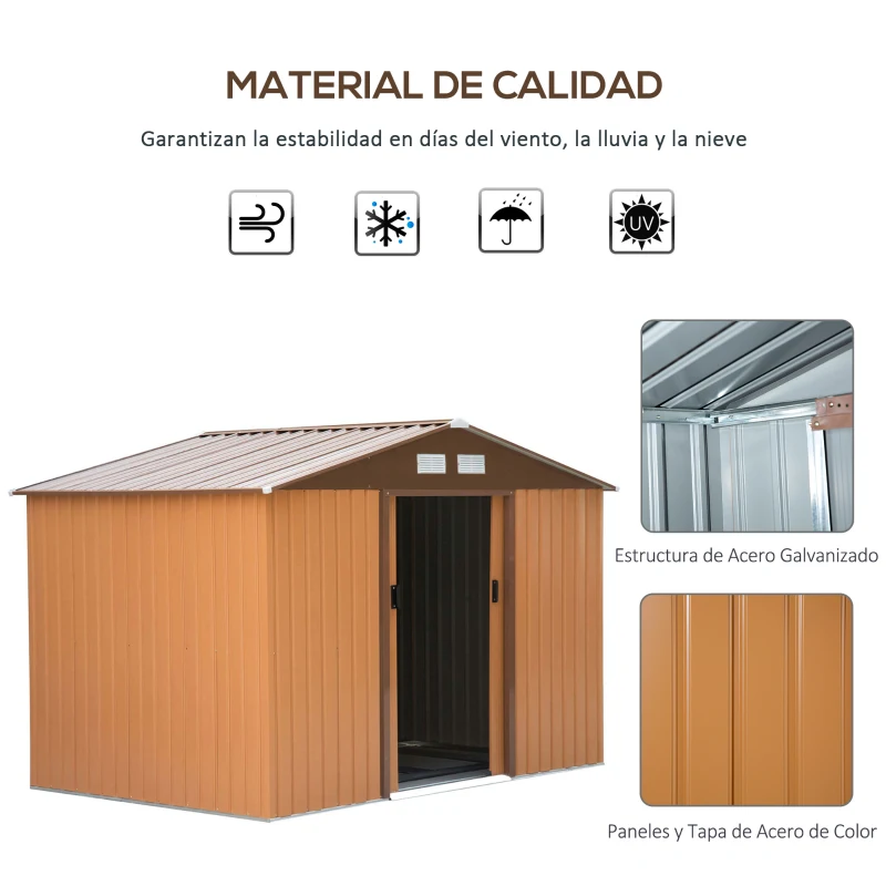 Outsunny Abrigo de Jardim Exterior 4,83m² 277x195x192cm Abrigo e Jardim Metálico para Armazenamento de Ferramentas com Base Incluída e 4 Janelas Marrom